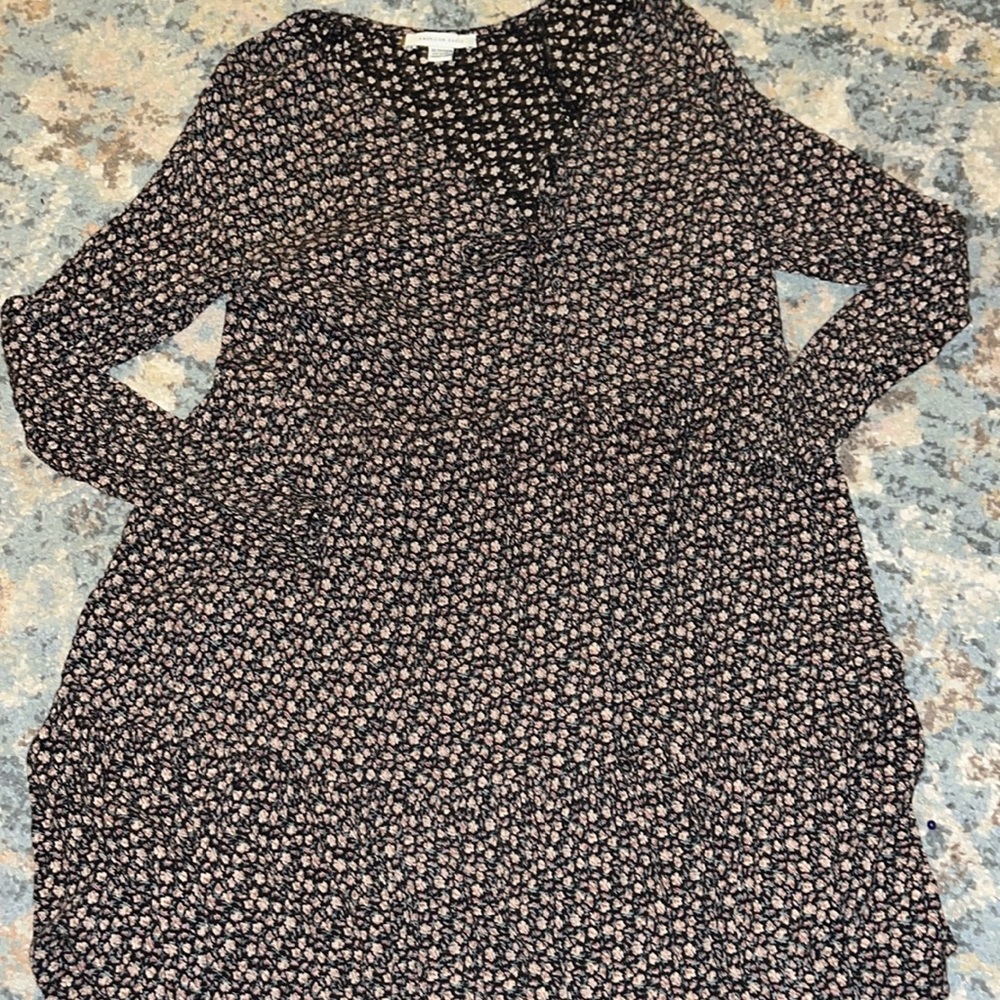 AE Floral, black, mini dress, flowy with button and tie front bow